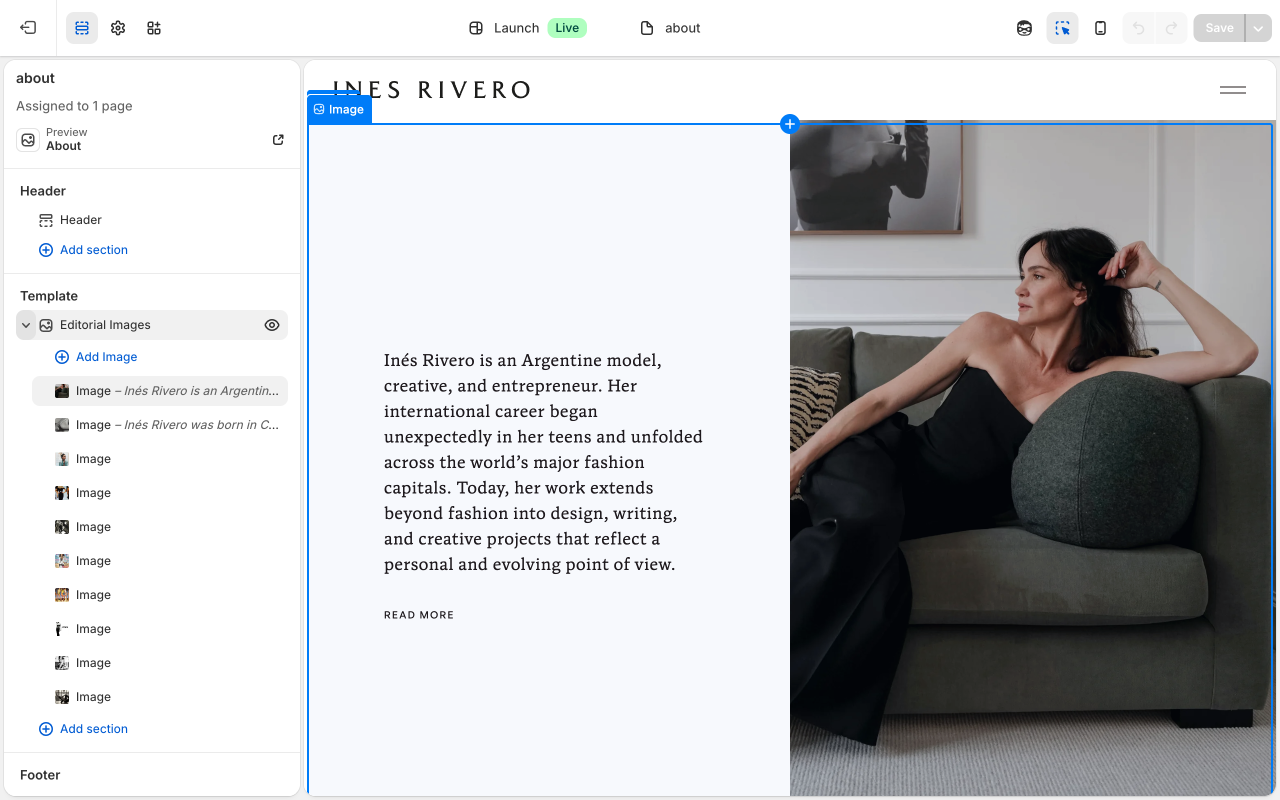 Theme editor showing About page with editorial blocks