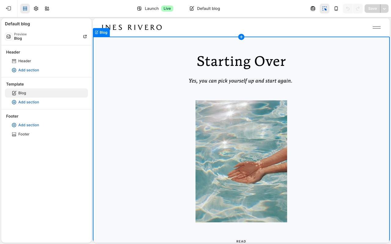 Theme editor showing Blog section settings