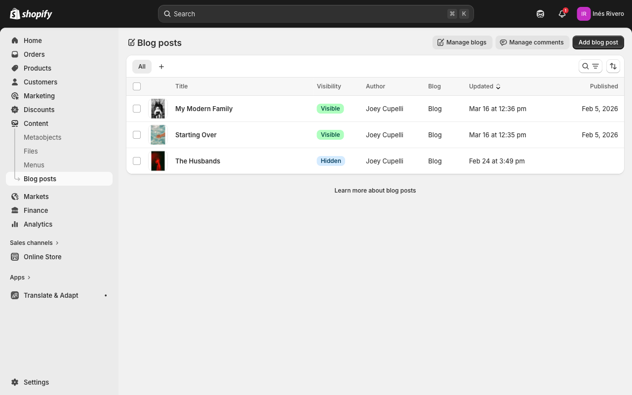 Shopify admin blog posts page