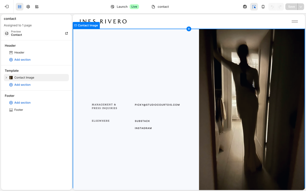 Theme editor showing Contact page