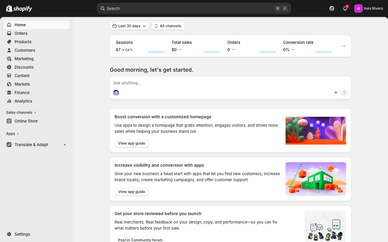 Shopify admin dashboard