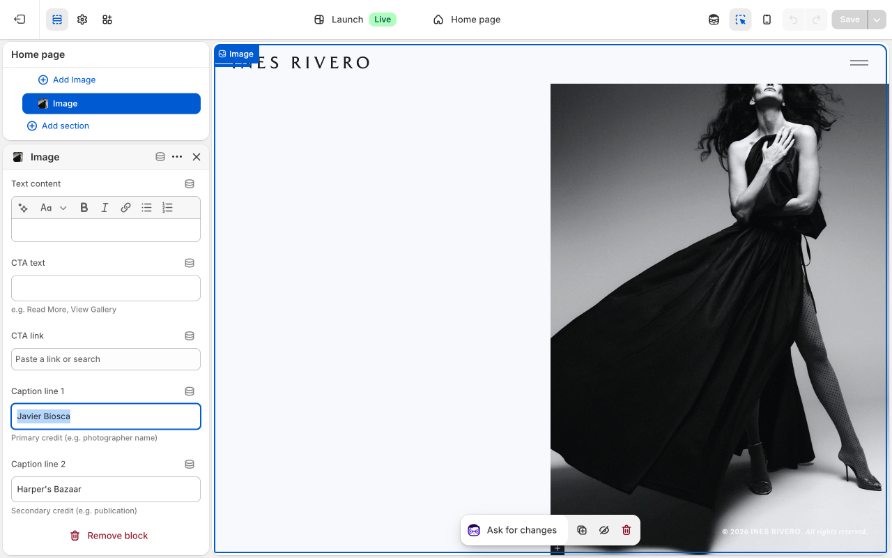 Theme editor showing Homepage settings