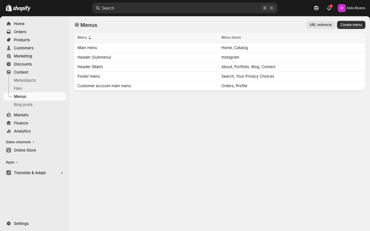 Shopify navigation editor