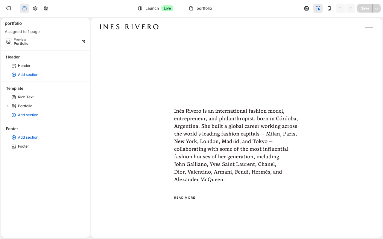 Theme editor showing Portfolio categories and items