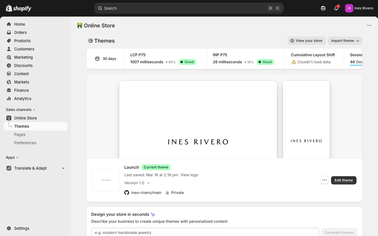 Themes page with Edit theme button