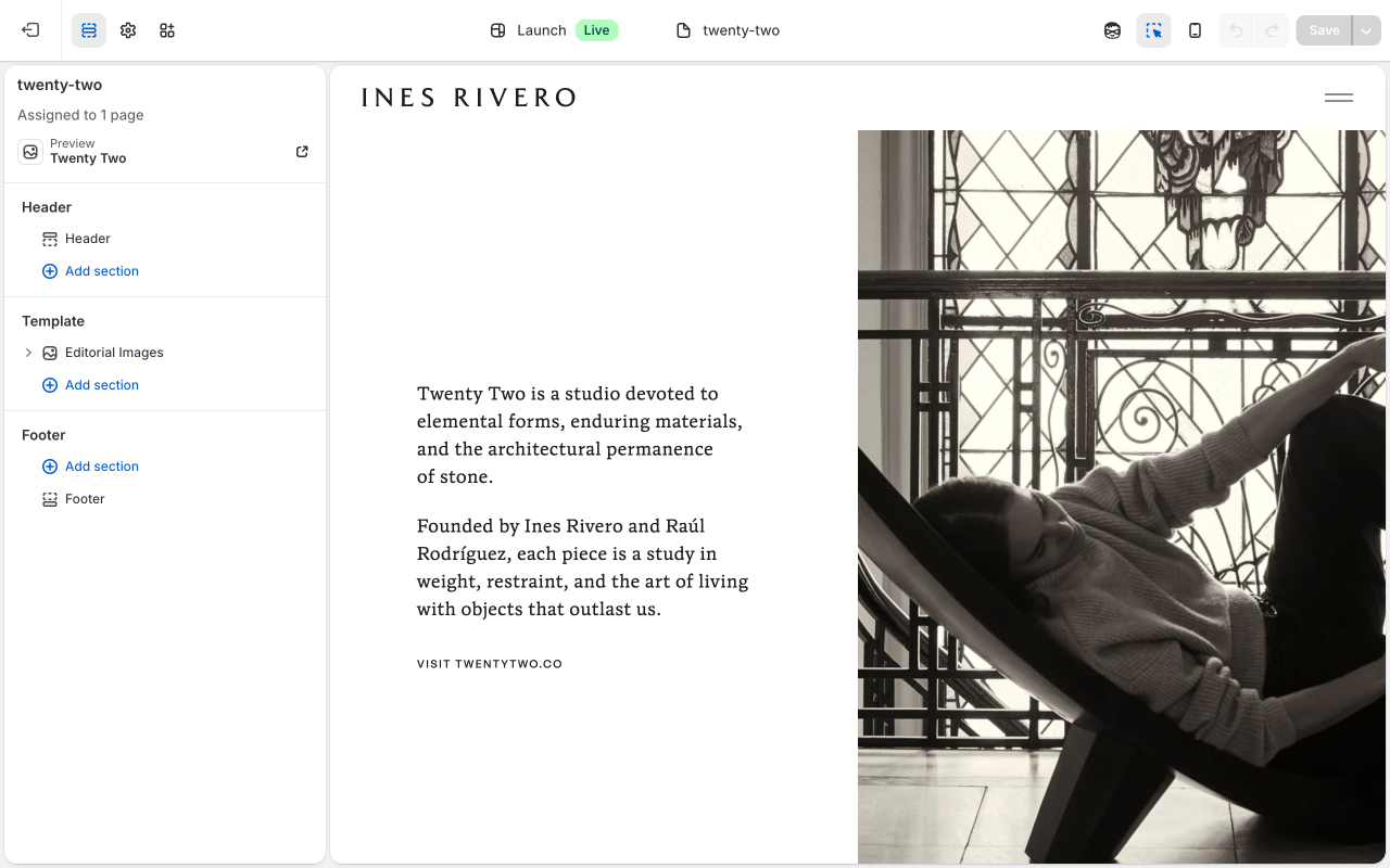 Theme editor showing TwentyTwo page